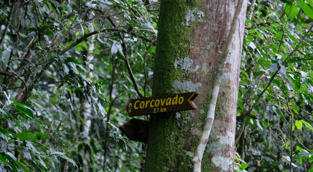 Trilha da Floresta da Tijuca, placa indicando que o corcovado está a 2,7 km.