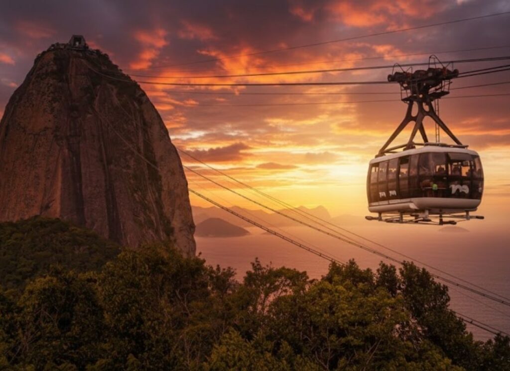 Foto do Bondinho com por do sol ao fundo.