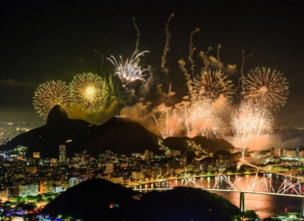 Réveillon Rio de Janeiro 2026: Guia Completo da Maior Festa do Mundo 3 Queima de fogos no Rio, ao fundo o Corcovado.
