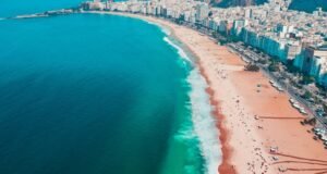 Vista aérea da orla de Copacabana ao entardecer